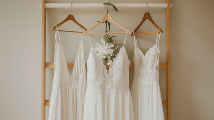 elegant wedding dresses hanging on a rack, perfect for bridal boutiques and wedding planners.