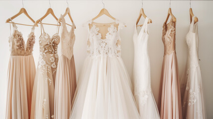 elegant wedding dresses hanging on a rack, perfect for bridal boutiques and wedding planners.