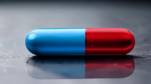 Red and blue pill lying on reflective surface