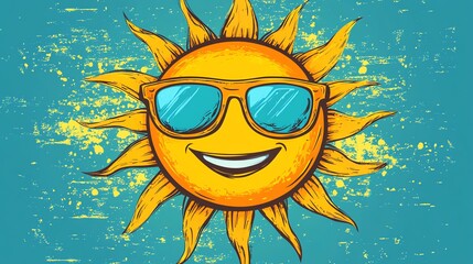 A cartoon sun wearing sunglasses smiles against a blue grunge background.