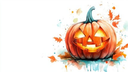 Watercolor Jack-o'-lantern with autumn leaves.