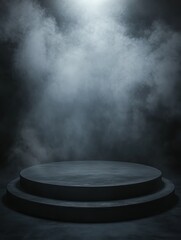 Podium black dark smoke background product platform abstract stage texture fog spotlight. Dark black floor podium dramatic empty night room table concrete wall scene place display studio smoky dust.