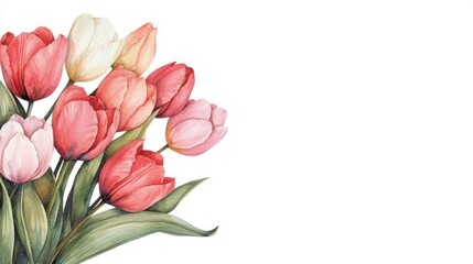 Watercolor Painting of Pink and Red Tulips.