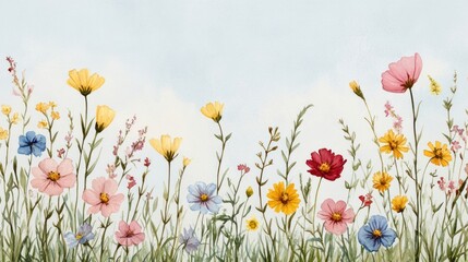 Obraz premium Watercolor Wildflowers with Blue Sky Background.