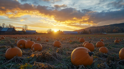 A serene pumpkin patch at sunset, showcasing vibrant orange pumpkins against a colorful sky, capturing the beauty of autumn harvest.

