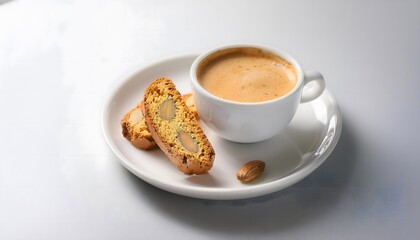 A cappuccino served with a side of almond biscotti on a white plate
