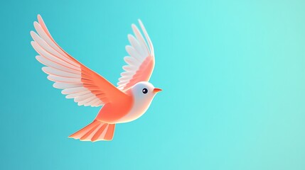 Fototapeta premium Cute cartoon bird with pink and white feathers flies against a blue sky.