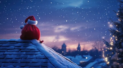 Santa gifts bag on the roof of the house at night of christmas eve