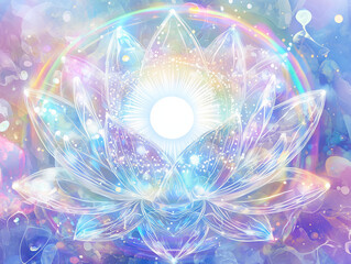 A crystal lotus with a glowing white sun at its center, surrounded by light dots and blue lighting radiating out from the crystal. A rainbow circle of mysterious patterns encircles the lotus