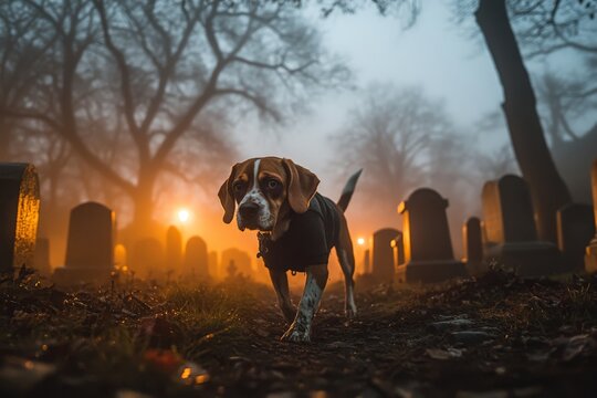 A beagle dressed in a zombie costume, walking through a haunted graveyard with fog swirling around tombstones and eerie lighting, creating a spooky Halloween atmosphere