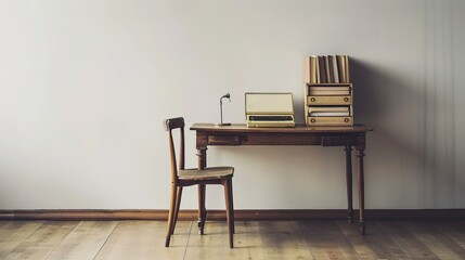 Cozy home office, Bookshelf with books, wooden writing desk adorned with family photographs and plants.