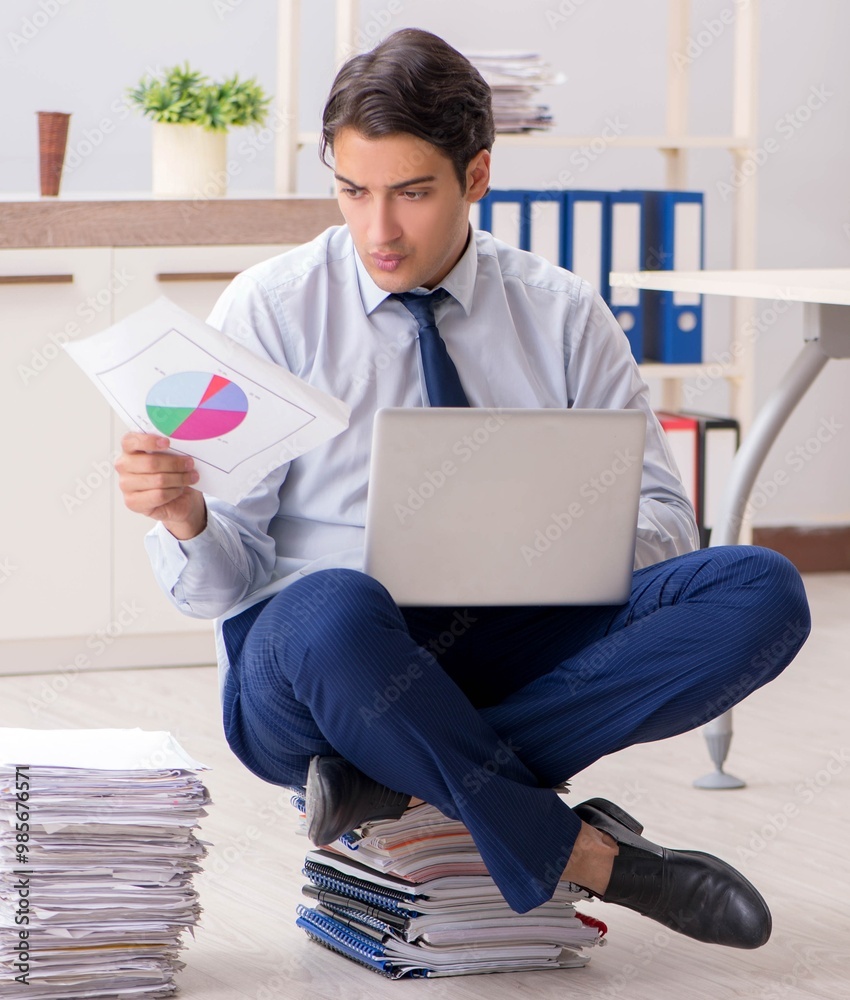 Sticker extremely busy employee working in the office