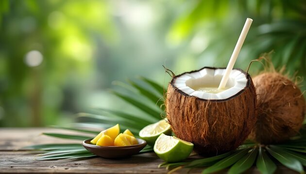 Buko Juice Coconut Water Served in Fresh Coconut Shell with Lime Garnish (Filipino Cuisine)