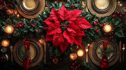 A luxurious Christmas table adorned with a vibrant red poinsettia centerpiece, holly and ivy leaves draping around gold plates and cutlery, soft candlelight reflecting off the golden accents,