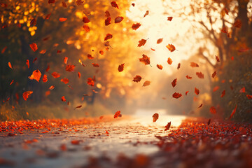 autumn leaves falling on a forest road - warm colors, fall foliage, nature background