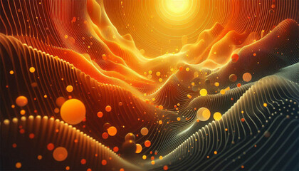 This vibrant digital artwork features undulating waves in a gradient of warm colors, from deep orange to yellow. Floating spheres and a fine mesh grid overlay add depth and texture, evoking a dynamic 