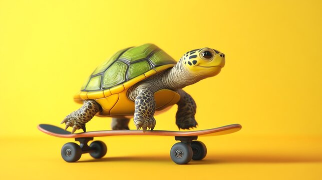 A cute turtle skateboarding on a yellow background.