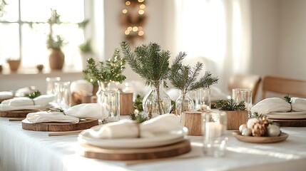 Fototapeta premium A Nordic minimalist Christmas table set with white linens, wooden accents, and small sprigs of greenery in glass vases, natural light filtering through, clean and serene atmosphere,