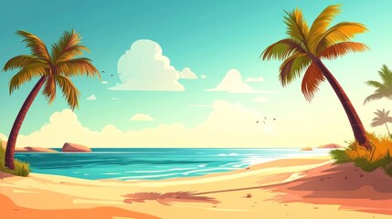 Tropical beach scene with palm trees, blue water, and sandy shore.