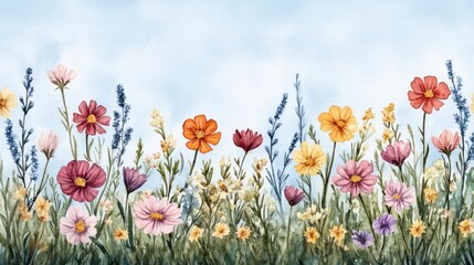 Obraz premium Watercolor Wildflowers Meadow Border.
