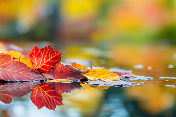 autumn leaves floating on water, red yellow and brown, fall colors reflection, nature background