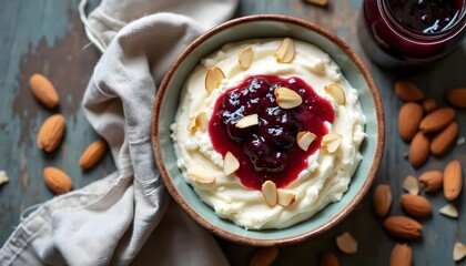 Danish Risalamande Creamy Rice Pudding with Cherry Sauce and Almond Topping (Danish Cuisine)