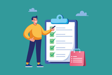 Man Checking Off Completed Tasks on Giant Clipboard – Productivity and Achievement Concept Illustration