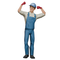 Male Mechanic in Technical 3D. A male mechanic stands with both hands bent upwards, showing his arm muscles as if showing off his strength. Professional Character