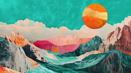 Abstract collage of mountains, sky, and a sun with textured details.