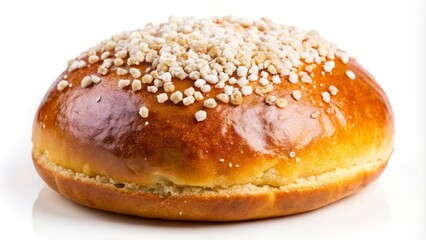 Fluffy, golden-brown sweet bun topped with sugar crystals, isolated on a white background