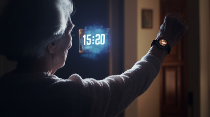 An older woman is touching a digital clock that reads 15:30. Concept of modern technology and the idea of time being a constant presence in our lives