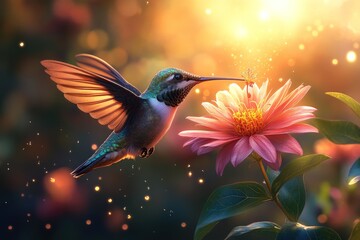 Fototapeta premium A hummingbird hovers in mid-air, its beak extended to sip nectar from a pink flower, with a blurry background of nature and sunlight.