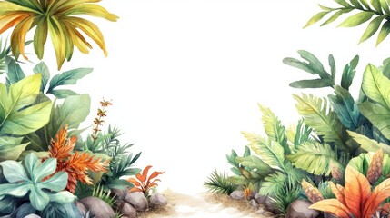 Fototapeta premium Watercolor Tropical Leaves Border with Copy Space.
