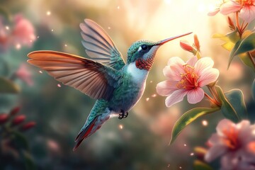 A vibrant hummingbird hovers mid-flight, beak extended towards a delicate pink flower.