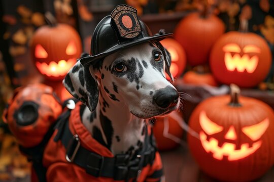 A Dalmatian dressed in a firefighter costume, standing proudly amidst Halloween decorations like carved pumpkins and cobwebs, with a festive and heroic Halloween ambiance