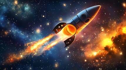 Obraz premium A rocket ship blasts off into the cosmos, leaving a fiery trail behind it.