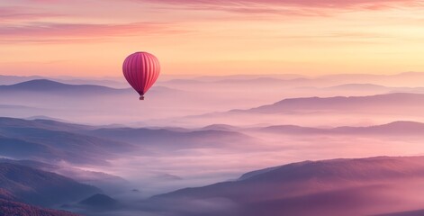 Pastel Sky and Hot Air Balloons Over Mountain Landscape, Banner