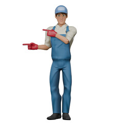 3D Male Mechanic Technical Illustration. A male mechanic stands with both hands pointing to the right. Professional