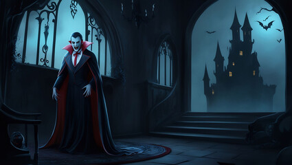 Naklejka premium Mysterious Vampire Lurking in the Shadows of an Ancient Castle, Cloaked in Darkness and Eerie Ambiance, Eyes Glowing with Hunger, Surrounded by Cobwebs and Flickering Candlelight