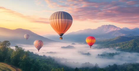 Fototapeta premium Hot Air Balloons Soar Above Misty Mountains.
