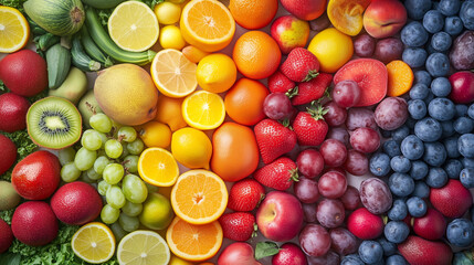 A variety of fruits arranged in a gradient by color. The image is colorful and looks delicious.