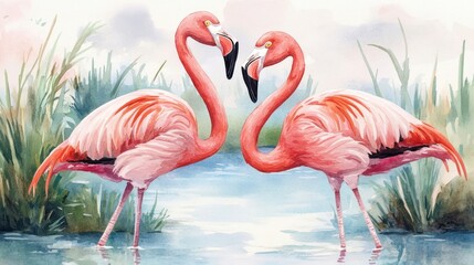 Fototapeta premium Watercolor Painting of Two Flamingos in Love.