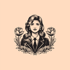 Beautiful young woman Vintage engraving vector illustration. Vintage retro engraving vector emblem, print, illustration. women fashion logo design. professional lady, women dress  line art logo.