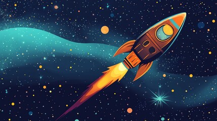 Naklejka premium A colorful cartoon rocket ship flies through a starry space.