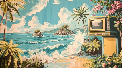 Vibrant retro kitsch wallpaper design featuring whimsical patterns and playful colors for a nostalgic and eclectic interior aesthetic.


