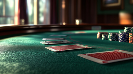 A green table with a poker game on it. The table is made of wood and has a green cloth on it