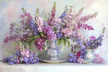 Blossoming spring flowers in classic porcelain vase