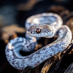 Obraz premium A snake coiled around driftwood on a beach, with its scales shimmering under the sunlight.