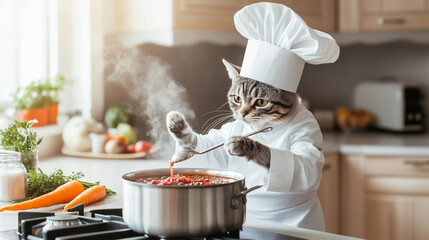 
A cartoon cat chef is cooking in a kitchen with a pot of food on the stove. The cat is wearing a chef's hat and is stirring the food with a spoon. The scene is lighthearted and playful
