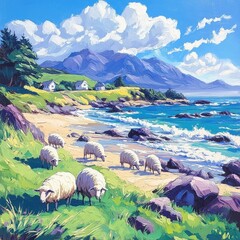 Obraz premium Sheep grazing peacefully on a beach, with the gentle waves and sandy shores creating a serene, coastal scene.